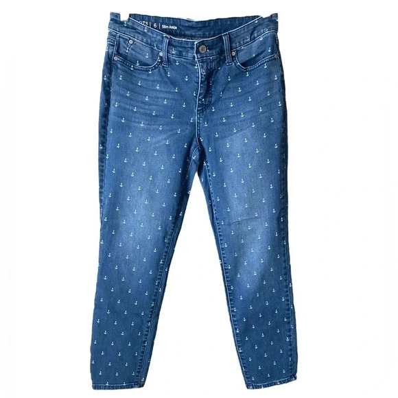 TALBOTS | Blue Denim Flawless Slim Ankle Anchor Print Mid-rise Jeans Size 6 - Picture 3 of 9